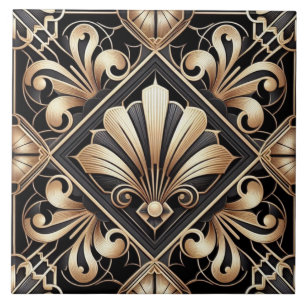 Azulejo de Cerámica Art Déco de Lujo Negro y Dorad