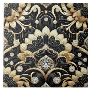 Azulejo de Cerámica Art Déco de Lujo Negro y Dorad