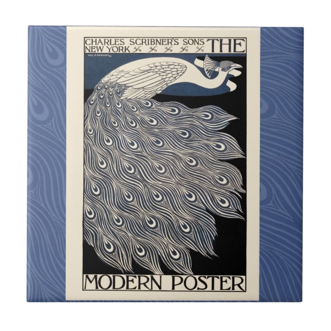 Azulejo De Cerámica Art Nouveau azul de Peacock (Frente)