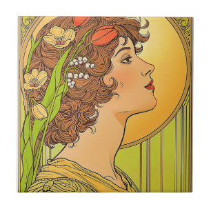 Azulejo de cerámica Art-nouveau con musa y flores