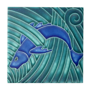Azulejo De Cerámica Art Nouveau - Pez Azul Individual
