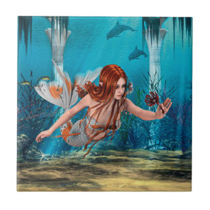 Azulejo De Cerámica Arte de fantasía de sirena de pelo rojo bajo el ag