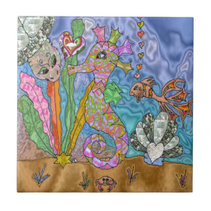 Azulejo De Cerámica Arte de tortuga marina caballito de mar psicodélic