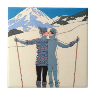 Azulejo De Cerámica Arte Deco Antiguo, Amantes en la Nieve por George