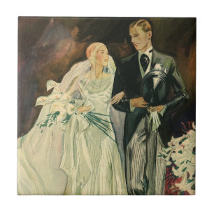 Azulejo De Cerámica Arte Deco Vintage Boda Novia y Novio Recién Casado