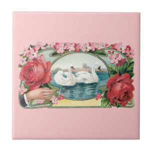 Azulejo De Cerámica Arte del vintage de los cisnes y de los rosas