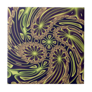 Azulejo De Cerámica Arte fractal abstracto de baile feliz neón dorado