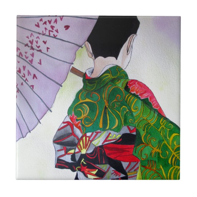 Azulejo De Cerámica Arte japonés Geisha con kimono y paraguas (Frente)