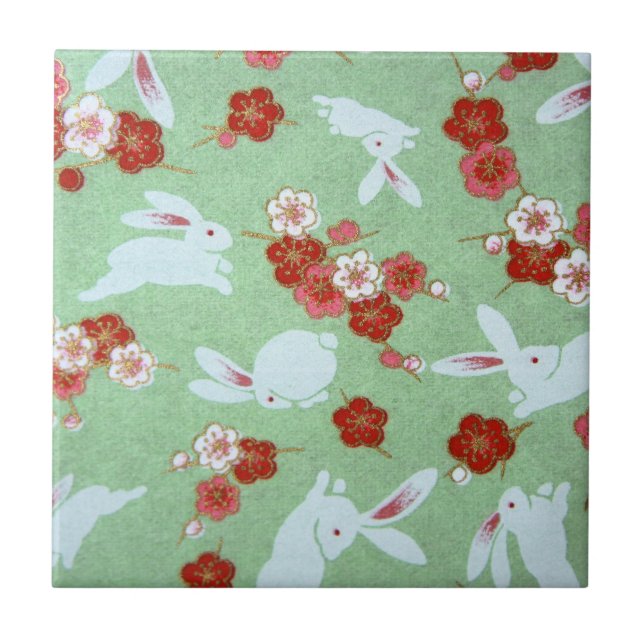 Azulejo De Cerámica Arte japonés: Sakuras verdes y mosaicos de conejos (Frente)