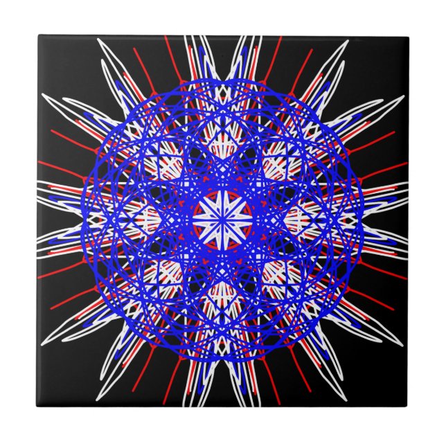 Azulejo De Cerámica arte kaleidoscope mandala azul rojo negro (Frente)