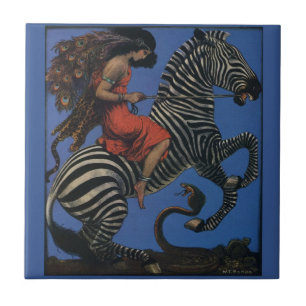 Azulejo De Cerámica Arte vintage de cebra Art Nouveau Mujer Life 1922