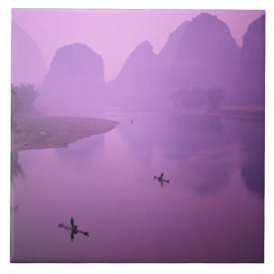 Azulejo De Cerámica Asia, China, Guanxi, Yangshou. Pescadores en balsa