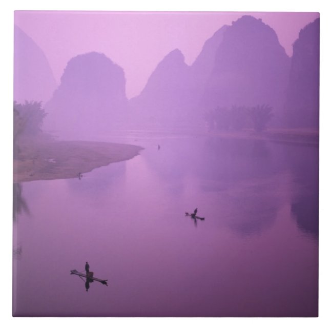 Azulejo De Cerámica Asia, China, Guanxi, Yangshou. Pescadores en balsa (Frente)