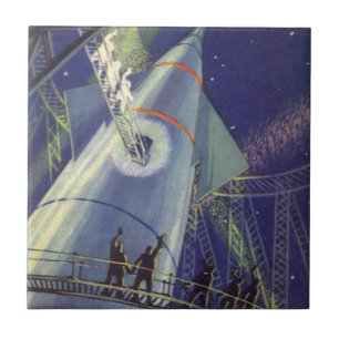Azulejo De Cerámica Astronautas de ciencia ficción vintage en nave esp