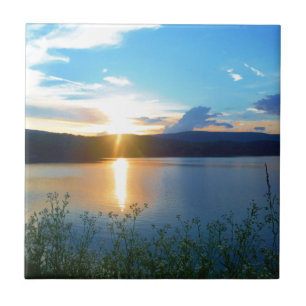 Azulejo De Cerámica Atardecer azul en el lago