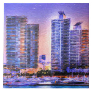 Azulejo De Cerámica Atardecer en el horizonte de Miami vibrante