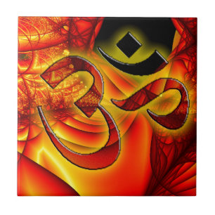 Azulejo De Cerámica Aum OM en el fractal rojo y amarillo