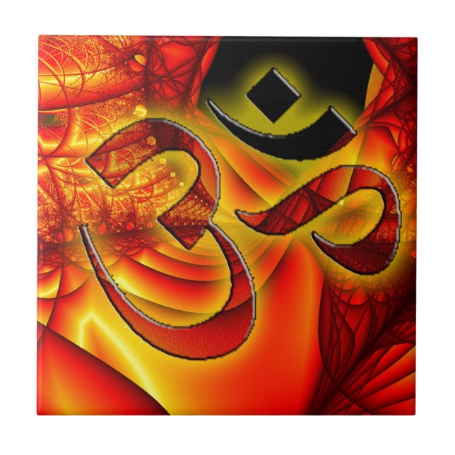 Azulejo De Cerámica Aum OM en el fractal rojo y amarillo (Frente)