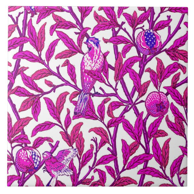 Azulejo De Cerámica Ave y granada de Art Nouveau, Fuchsia y Violet (Frente)