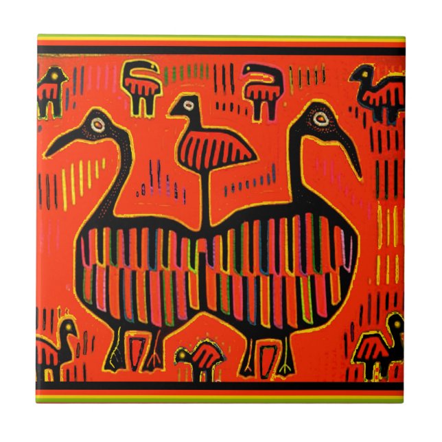 Azulejo De Cerámica Aves coloridas de arte popular (Frente)