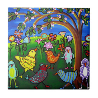 Azulejo De Cerámica Aves coloridas y divertidas, mosaico de arte folcl