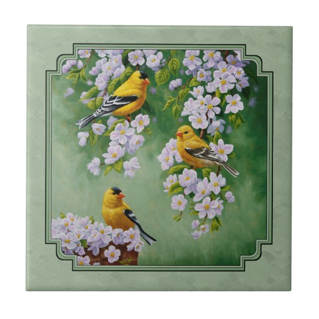 Azulejo De Cerámica Aves de Goldfinch y flores verdes (Frente)