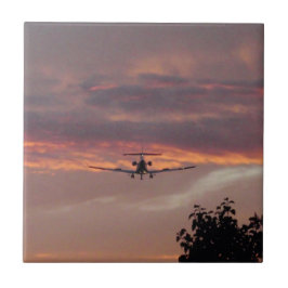 Azulejo De Cerámica Avión Comercial Aterrizando Al Atardecer