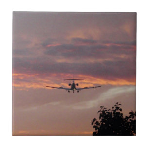 Azulejo De Cerámica Avión Comercial Aterrizando Al Atardecer