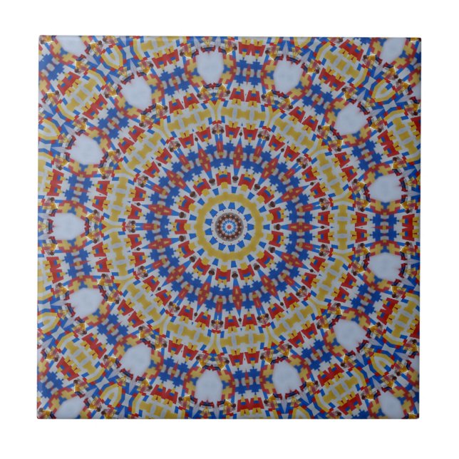 Azulejo De Cerámica azul amarillo Mandala (Frente)