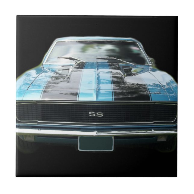 Azulejo De Cerámica Azul de cielo SS Camaro con las rayas negras (Frente)