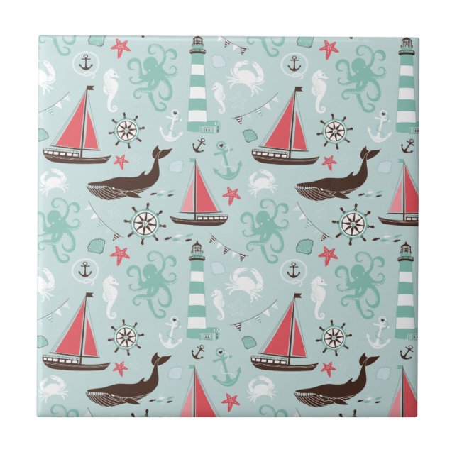 Azulejo De Cerámica Azul de océano náutico y subió (Frente)