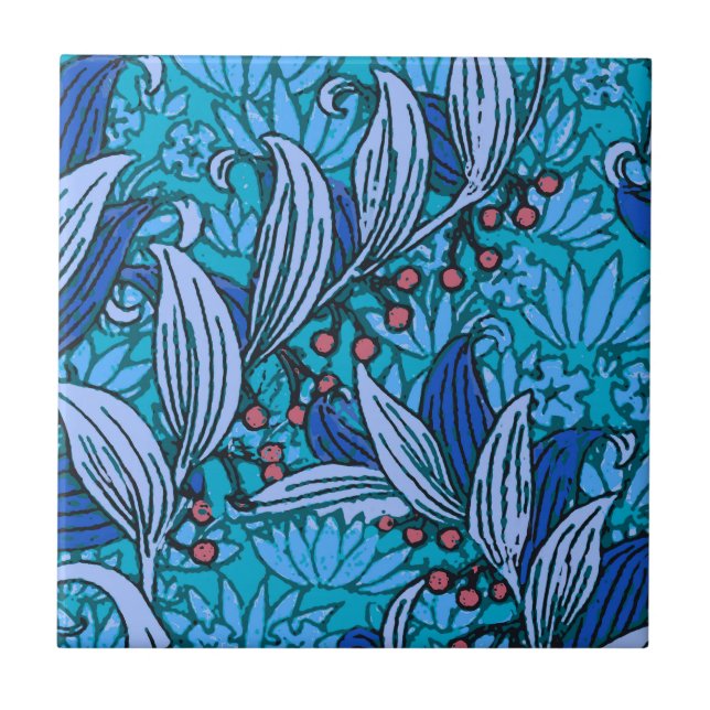 Azulejo De Cerámica Azul Floral Antiguo Boho Moderno (Frente)