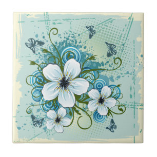 Azulejo De Cerámica Azul Floral Verano & Mariposas