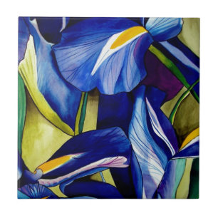 Azulejo De Cerámica Azul Iris arte original flores acuarelas