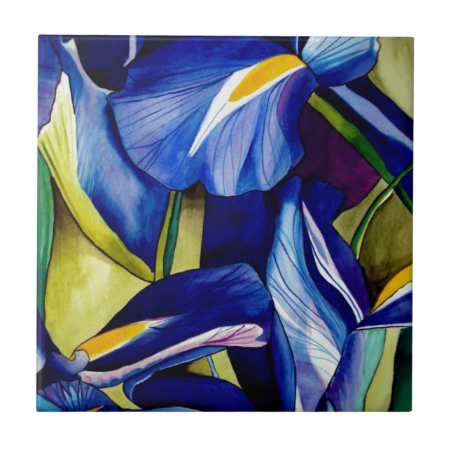 Azulejo De Cerámica Azul Iris arte original flores acuarelas (Frente)