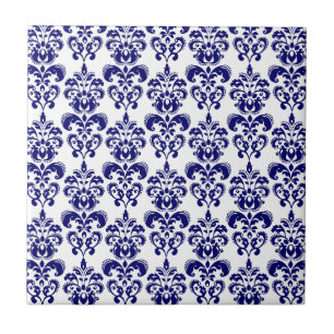 Azulejo De Cerámica Azules marinos, modelo blanco 2 del damasco del