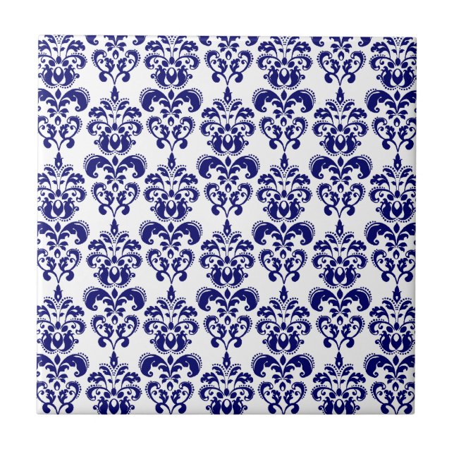 Azulejo De Cerámica Azules marinos, modelo blanco 2 del damasco del (Frente)