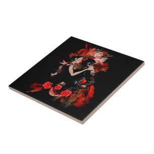 Azulejo De Cerámica Bailarinas románticas de tango sobre fractal rojo