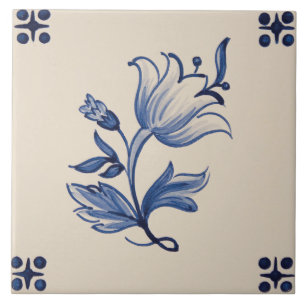 Azulejo de cerámica - Baldosa floral azul y marfil