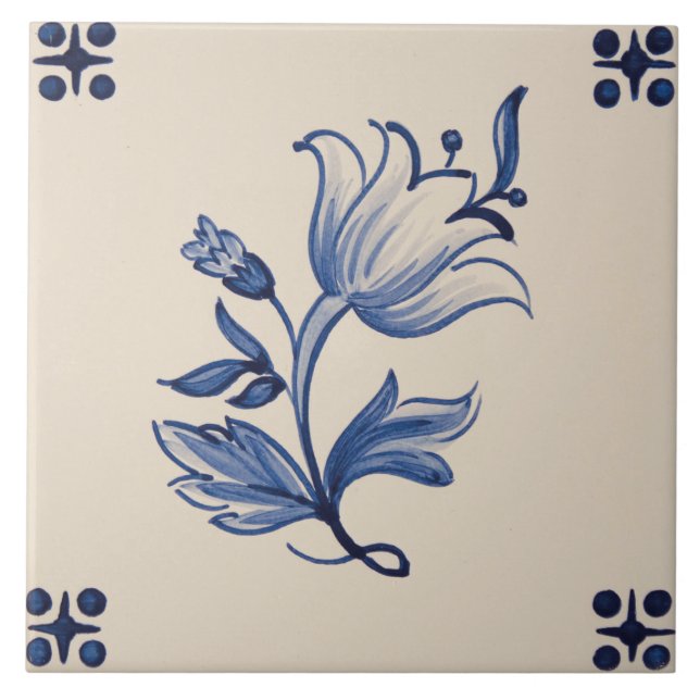 Azulejo de cerámica - Baldosa floral azul y marfil (Frente)