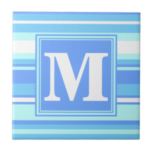 Azulejo De Cerámica Bandas azules del cielo monogramo