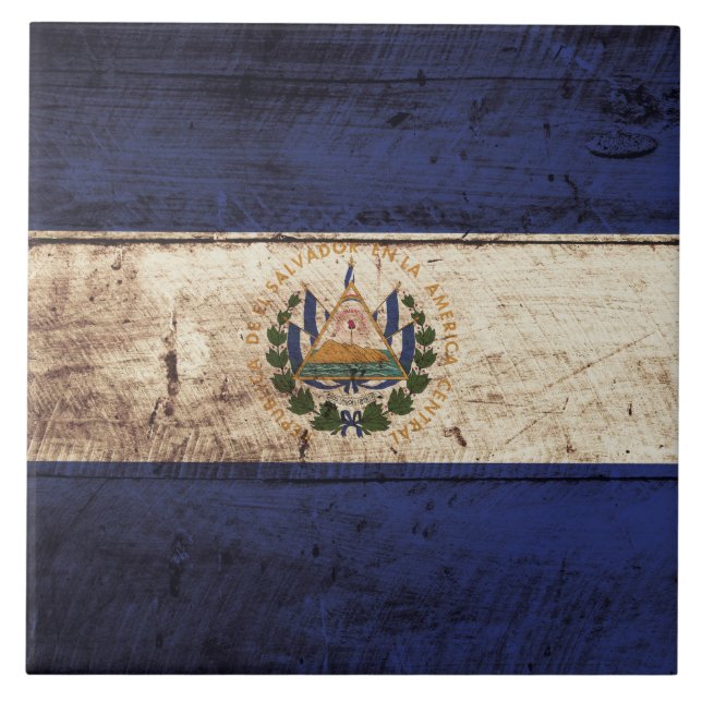Azulejo De Cerámica Bandera de El Salvador en grano de madera viejo (Frente)