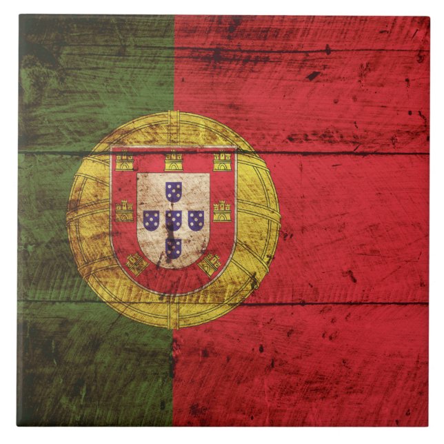 Azulejo De Cerámica Bandera de Portugal en grano de madera viejo (Frente)
