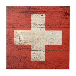 Azulejo De Cerámica Bandera de Suiza de madera antigua