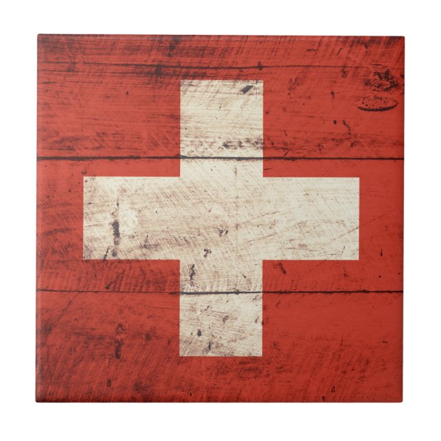 Azulejo De Cerámica Bandera de Suiza de madera antigua (Frente)