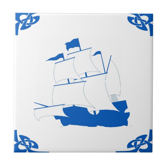 Azulejo De Cerámica Barco holandés azul (Frente)