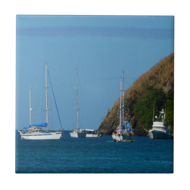 Azulejo De Cerámica Barcos de vela en la Bahía Blanco y Azul Náutico (Frente)
