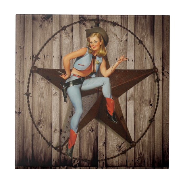 Azulejo De Cerámica Barn Wood Texas Star West Country Cowgirl (Frente)
