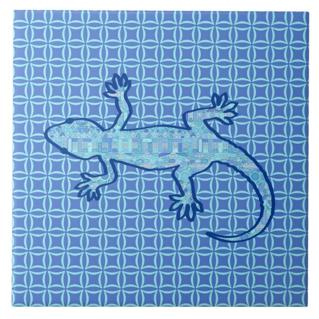 Azulejo De Cerámica batik tribal Gecko - azul denim blando (Frente)