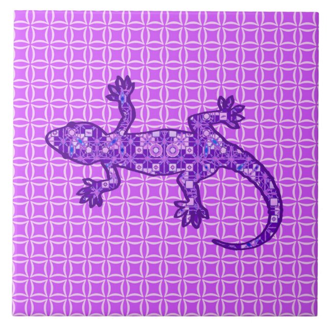 Azulejo De Cerámica batik tribal Gecko - violeta y amatista morado (Frente)